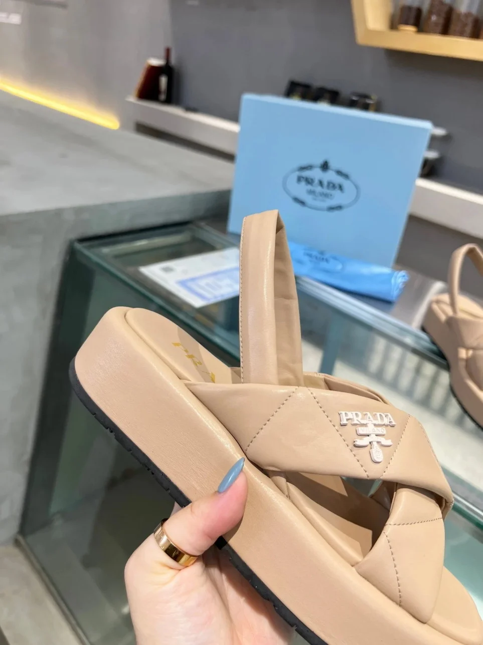 Prada Flatform Sandals In Beige Quilted Nappa Leather product view 3