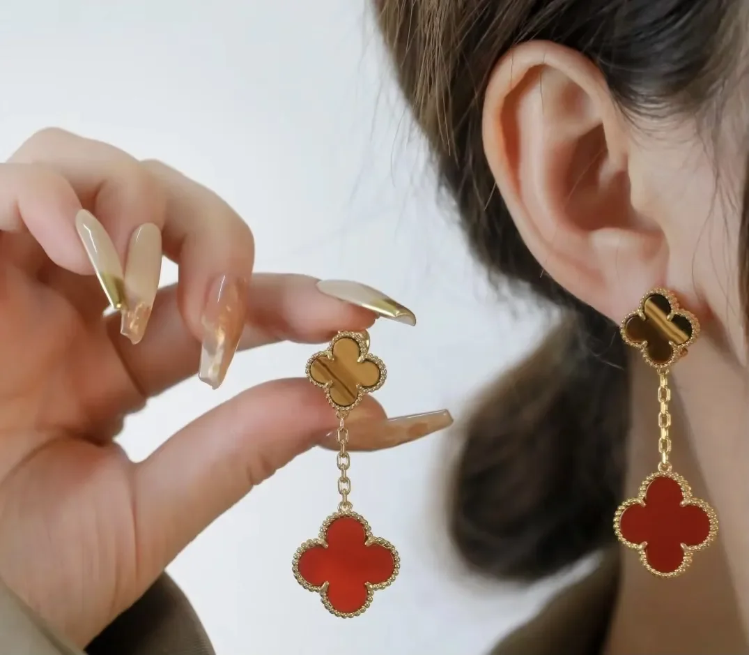 Van Cleef & Arpels Alhambra Brown and Red Two-Motif Gold-Tone Drop Earrings product view 2