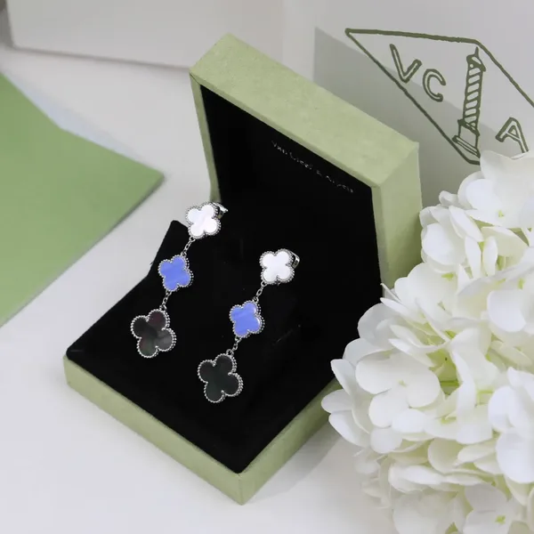 Van Cleef & Arpels Alhambra White Blue and Black Three-Motif Silver-Tone Drop Earrings product view 6