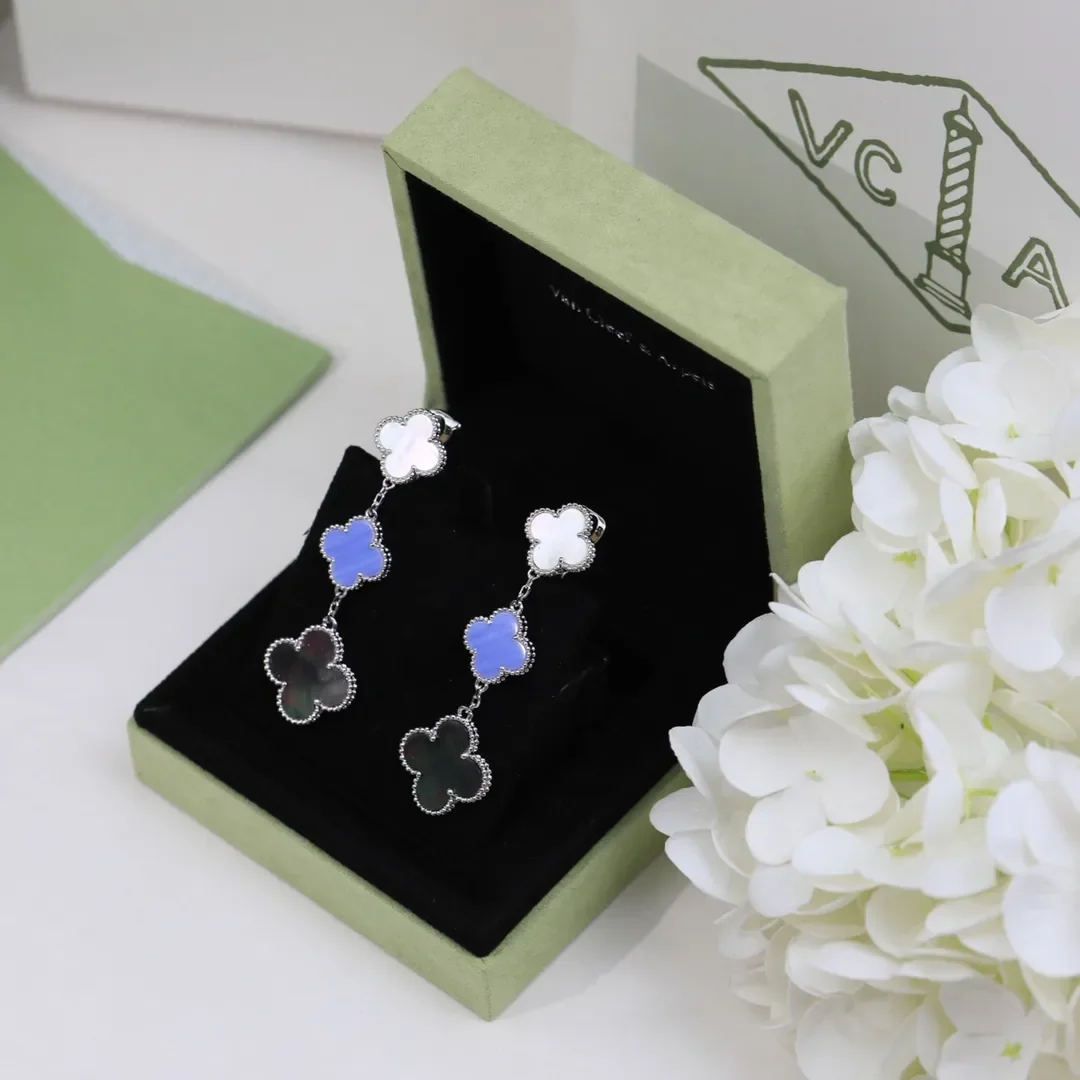 Van Cleef & Arpels Alhambra White Blue and Black Three-Motif Silver-Tone Drop Earrings product view 6