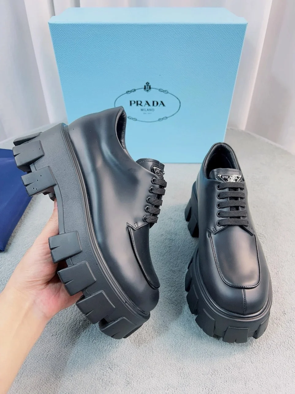 Prada Monolith Lace-up Shoes in Black Brushed Leather product view 3