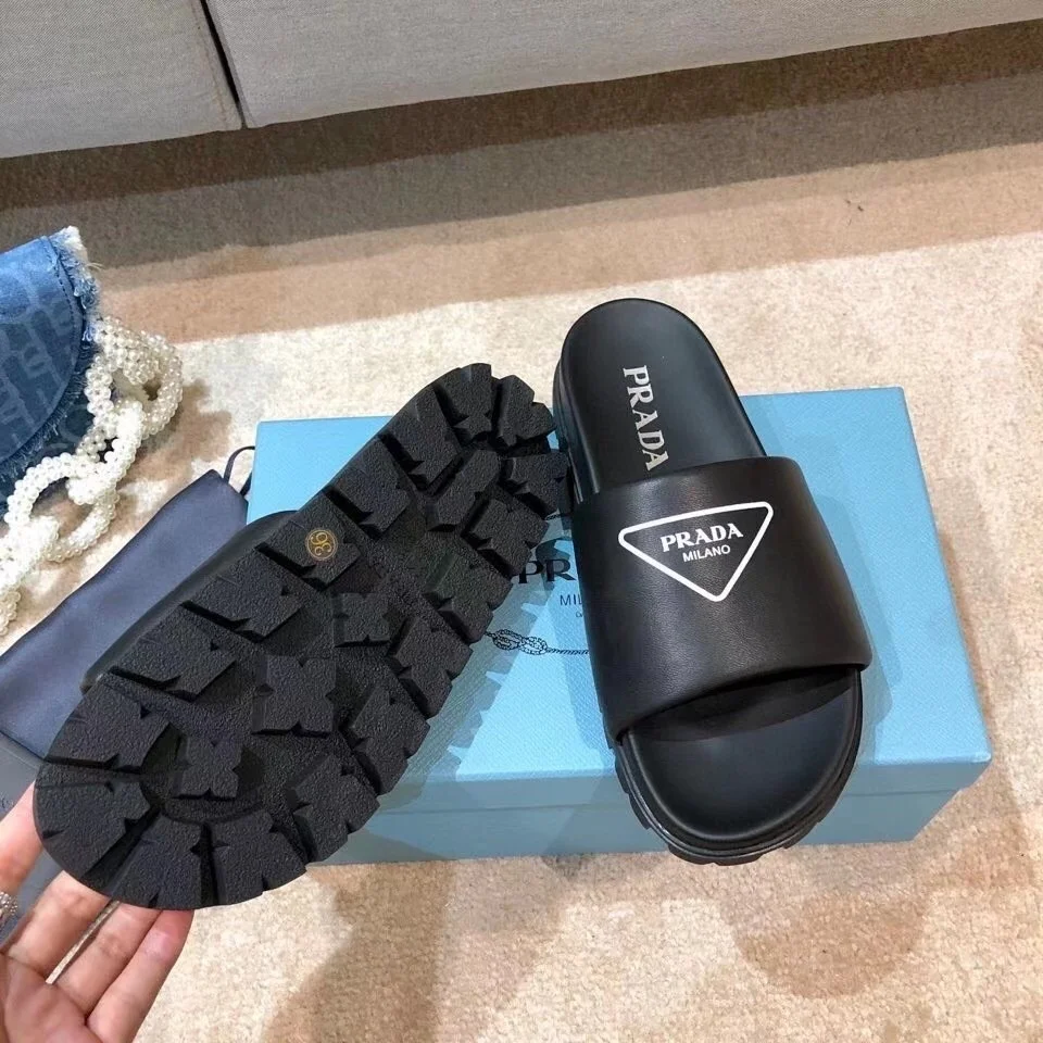 Prada Black Leather Slides with Printed Triangle Logo product view 2