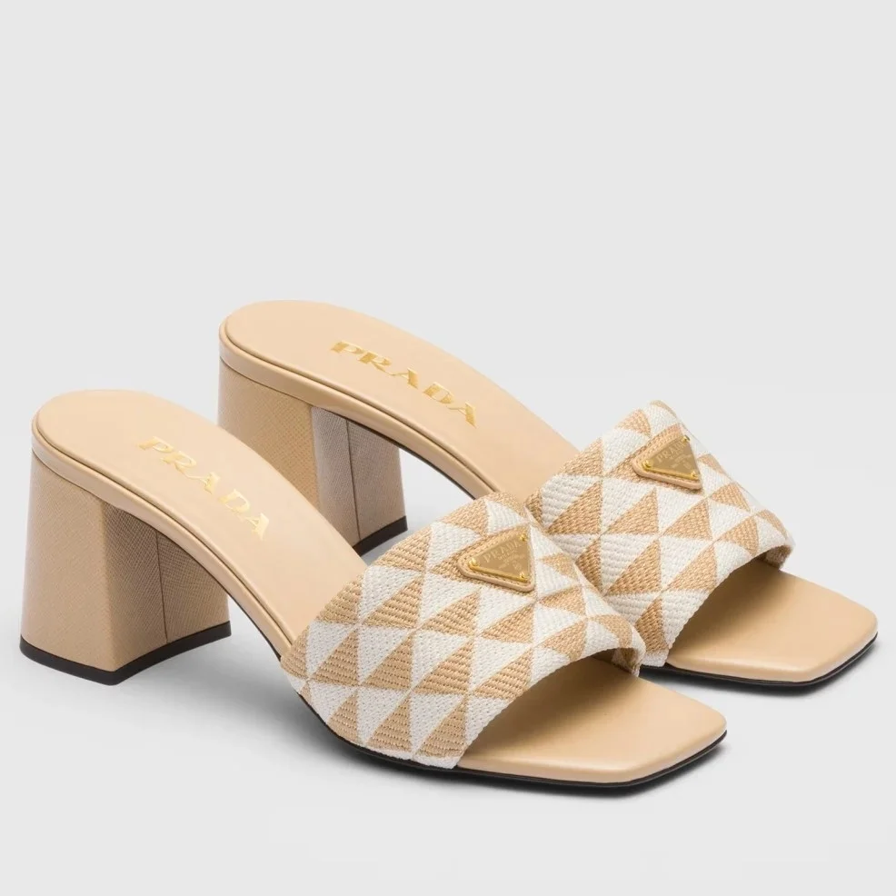 Prada Heeled Slide Sandals 65mm in Beige and White Fabric product view 1