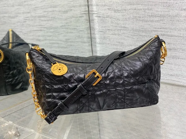 Dior Diorstar Hobo Bag with Chain in Black Crinkled Calfskin product view 7