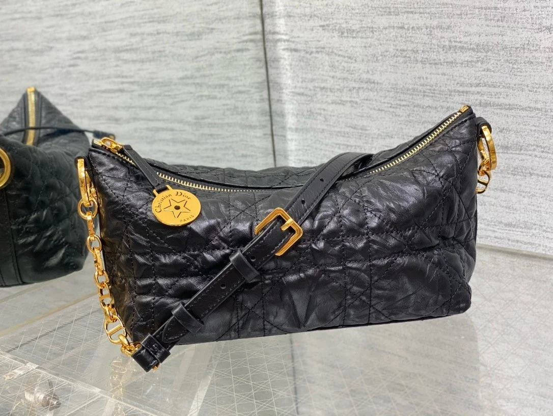 Dior Diorstar Hobo Bag with Chain in Black Crinkled Calfskin product view 7