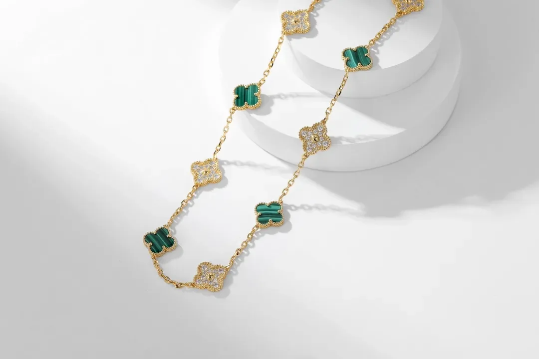 Van Cleef & Arpels Alhambra Green and Pave-Effect Ten-Motif Gold-Tone Necklace product view 3