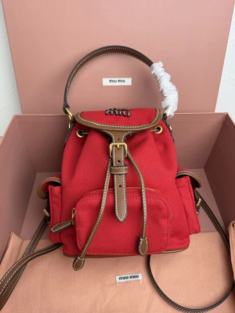 Miu Miu Small Backpack in Red Canvas and Calfskin product view 4