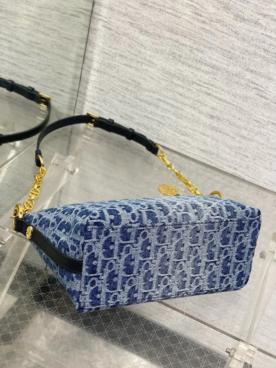 Dior Diorstar Hobo Bag with Chain in Blue Denim Oblique Jacquard product view 4