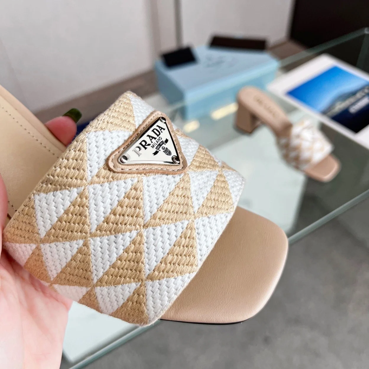 Prada Heeled Slide Sandals 65mm in Beige and White Fabric product view 8