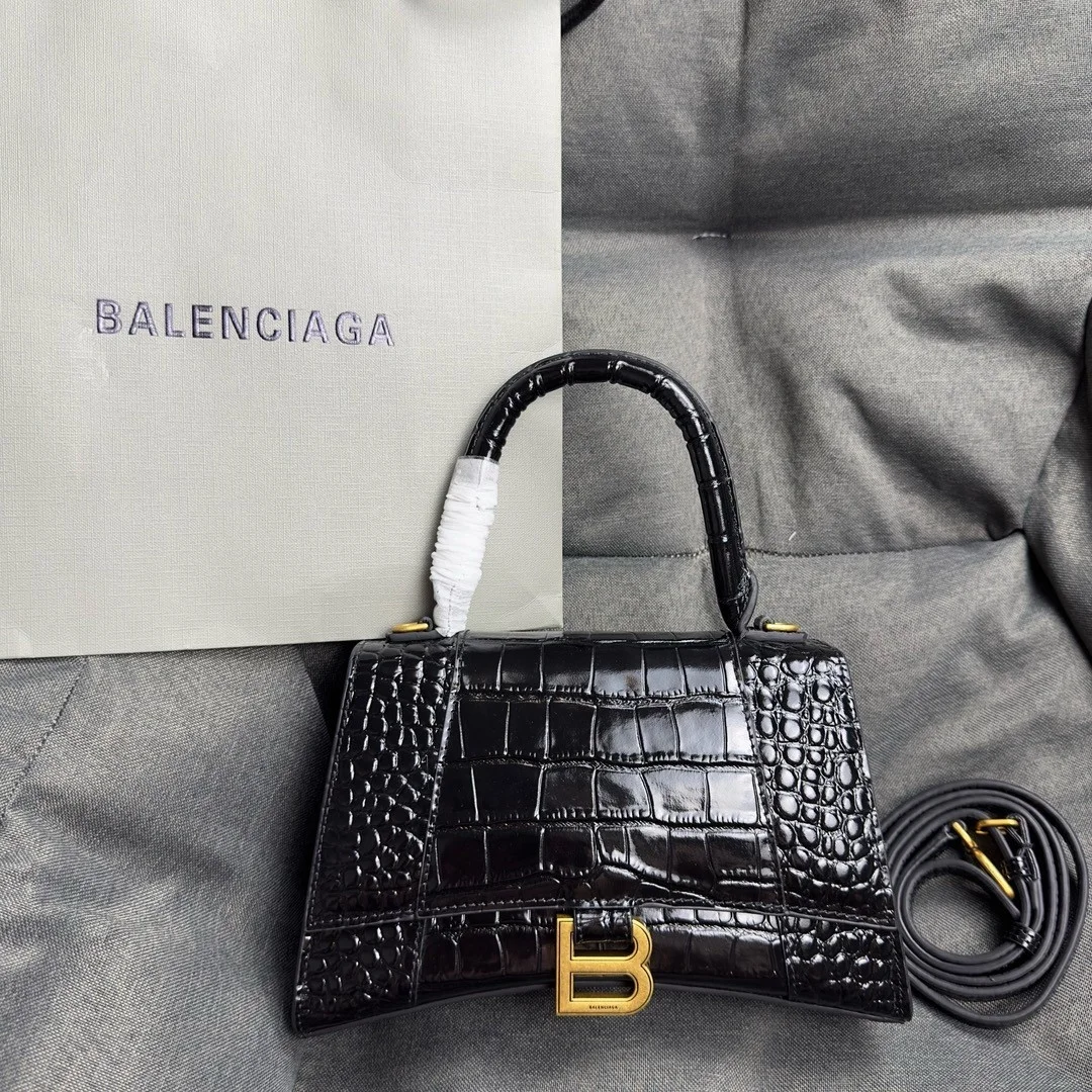 Balenciaga Hourglass Small Bag in Black Croc-Embossed Calfskin product view 3