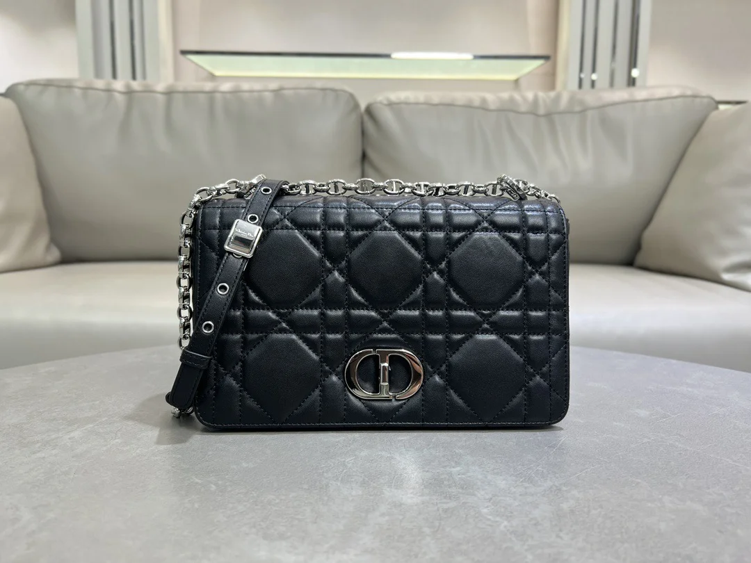 Medium Soft Dior Caro Bag — Black with Silver-Tone Hardware product view 1