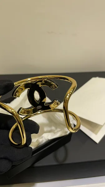Chanel Wide Enamel CC Open Cuff Black and Gold-Tone product view 3