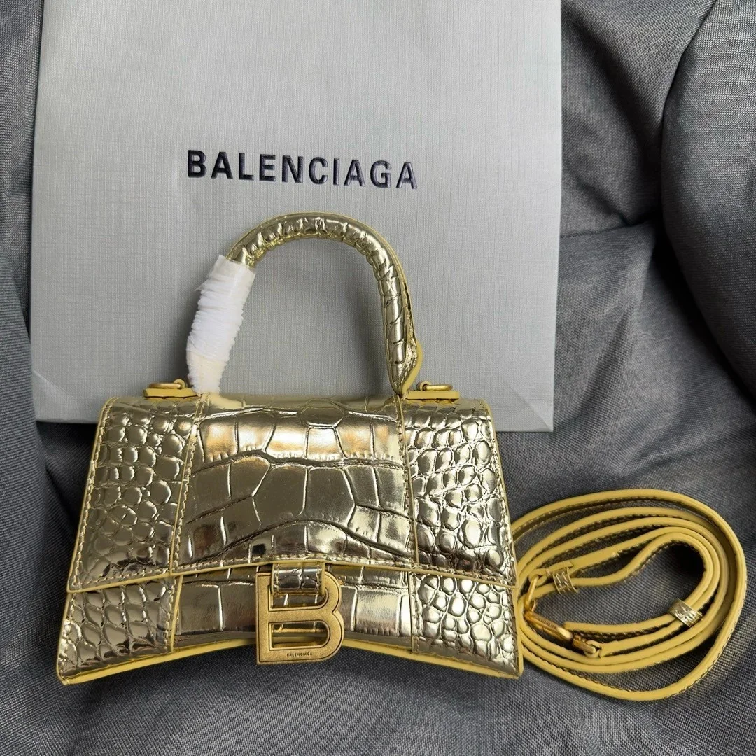 Balenciaga Hourglass XS Bag in Gold Croc-Embossed Calfskin product view 6