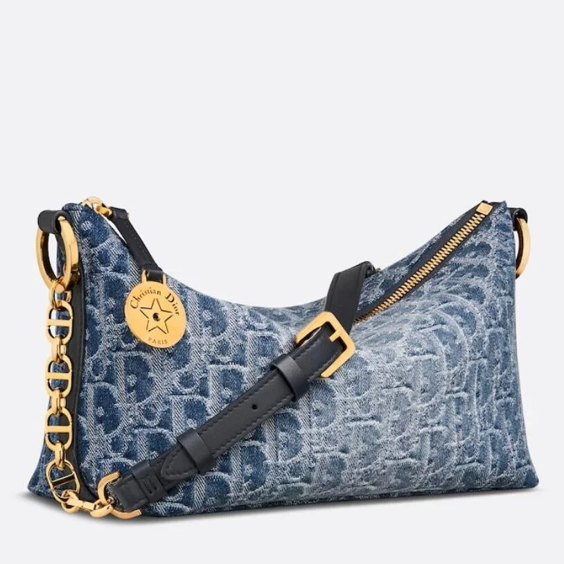 Dior Diorstar Hobo Bag with Chain in Blue Denim Oblique Jacquard product view 1