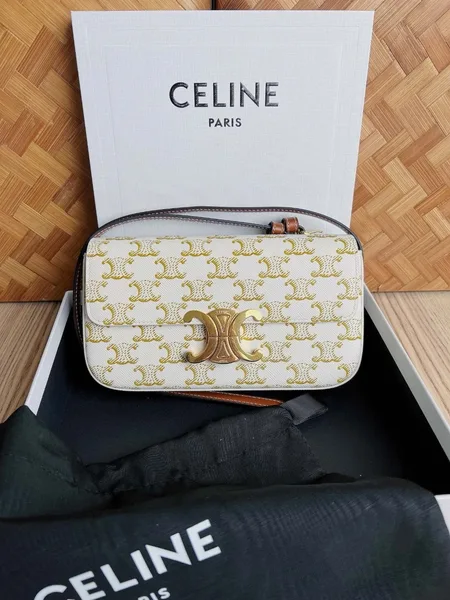 Celine Claude Shoulder Bag in White Triomphe Canvas product view 4