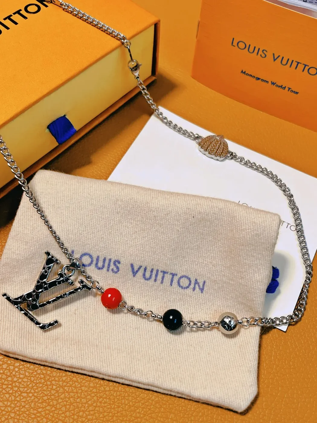 Louis Vuitton Dotted LV Monogram Bead Necklace Silver-Tone with Red and Black Beads product view 2