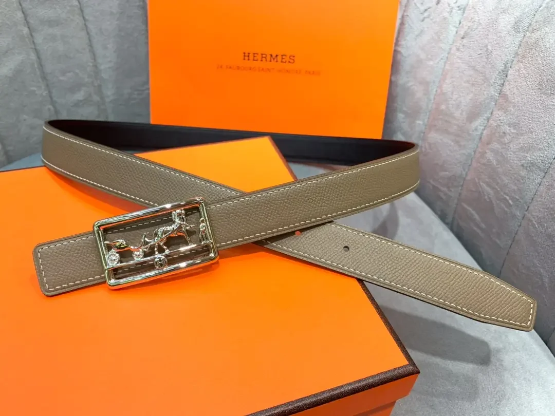 Hermès Taupe/Black Reversible Belt with Silver-Tone Horse-and-Carriage Buckle product view 1