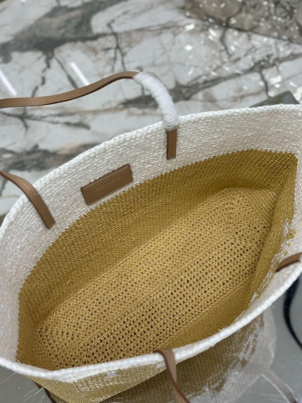 Prada Crochet Large Tote Bag in Beige/White Raffia-effect Yarn product view 2
