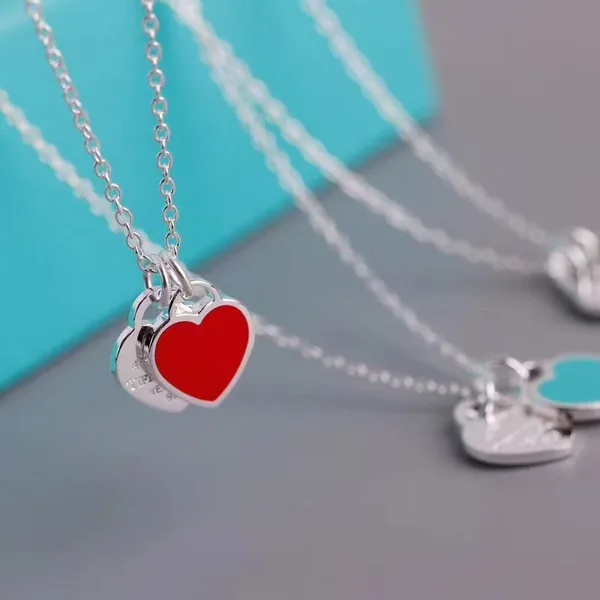 Tiffany & Co. Double Heart Tag Necklace Silver-Tone with Red Inlay product photo