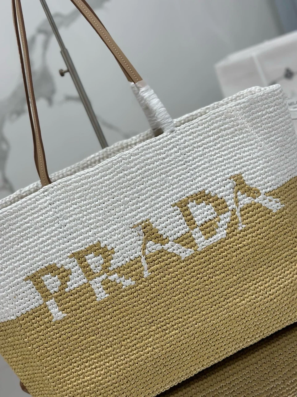 Prada Crochet Large Tote Bag in Beige/White Raffia-effect Yarn product view 10