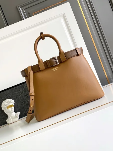 Prada Buckle Large Handbag with Belt in Caramel Calfskin product view 5