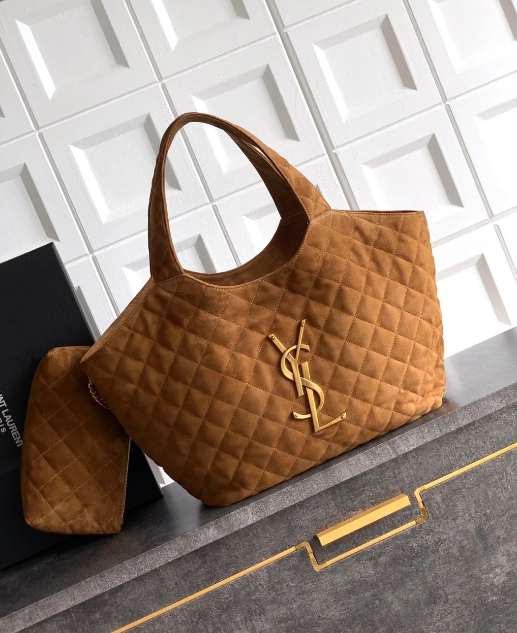 Saint Laurent Icare Medium Tote Bag in Brown Suede Calfskin product view 2