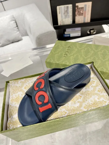 Gucci Cross-Strap Slide Sandals — Navy Blue with Red Logo product view 5