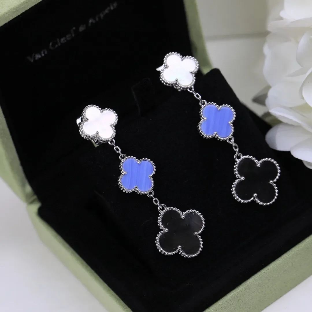 Van Cleef & Arpels Alhambra White Blue and Black Three-Motif Silver-Tone Drop Earrings product view 9