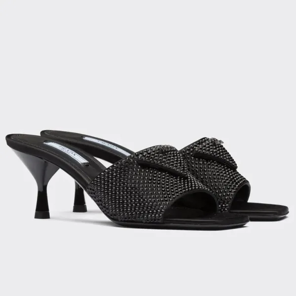 Prada Black Satin Heeled Sandals with Crystals product photo