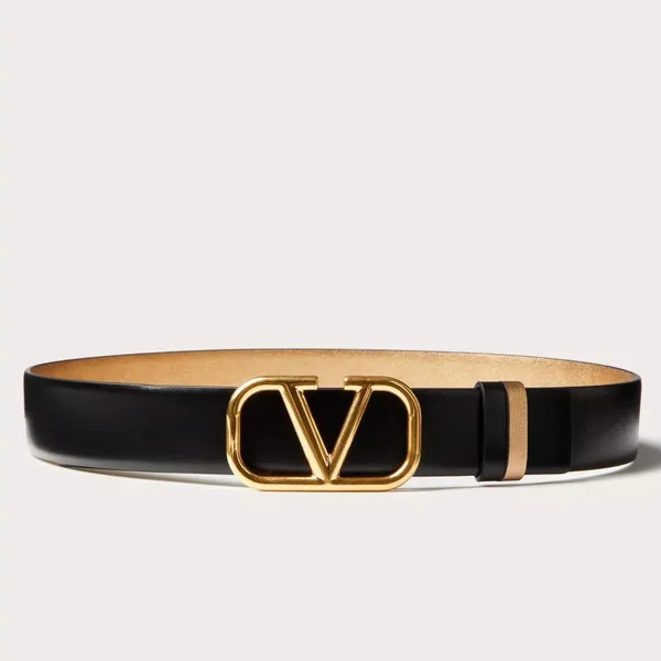 Valentino VLogo Reversible Belt 30mm in Black and Gold Metallic Calfskin product photo