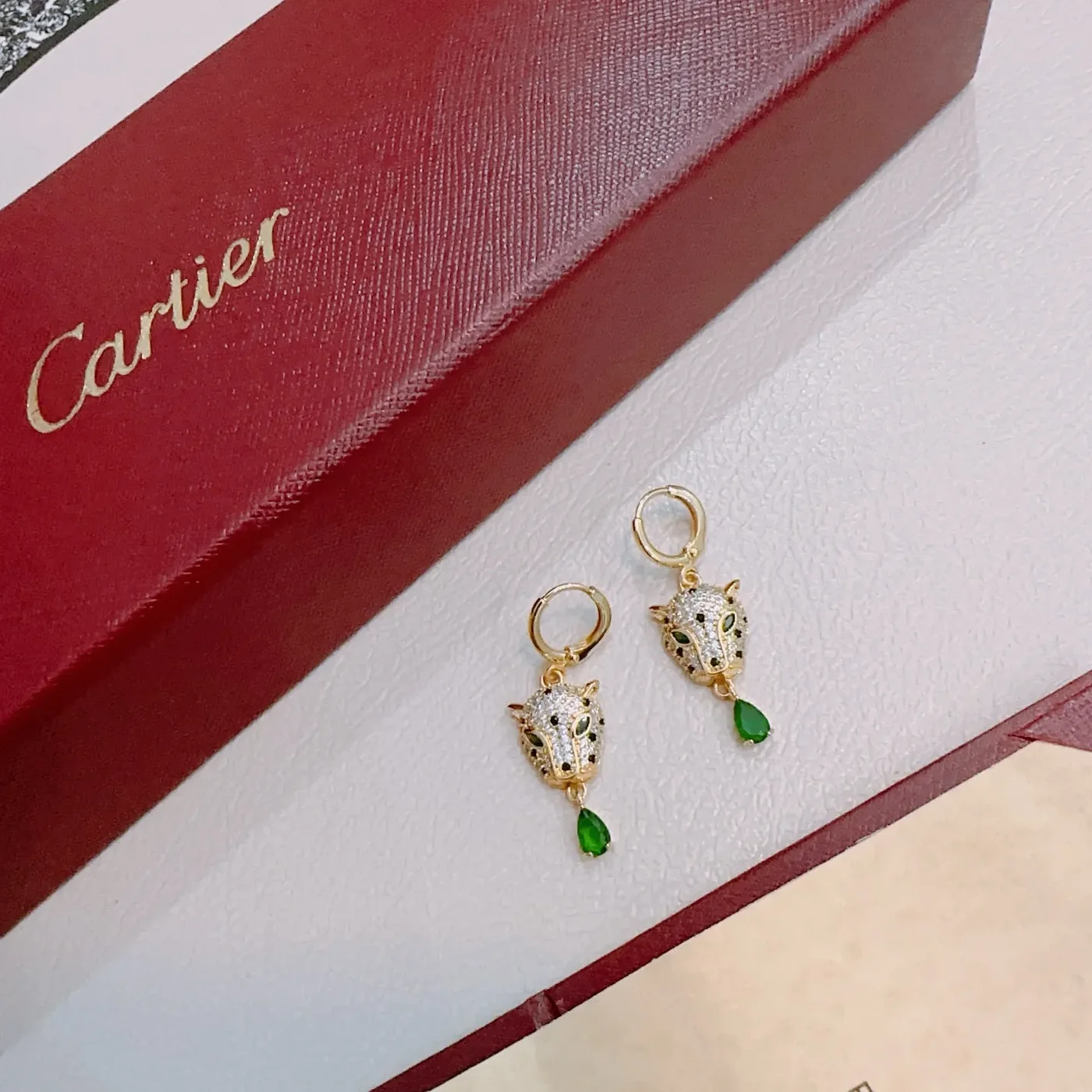 Cartier Panthere Gold-Tone Panther Earrings with Green Drops product view 1