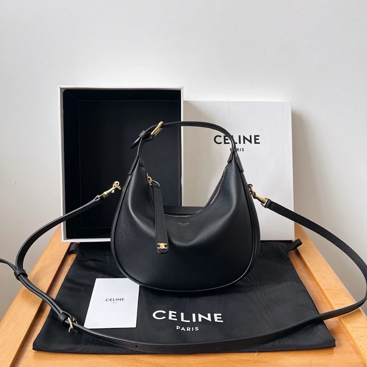 Celine Lulu Teen Hobo Bag in Black Grained Calfskin product view 6