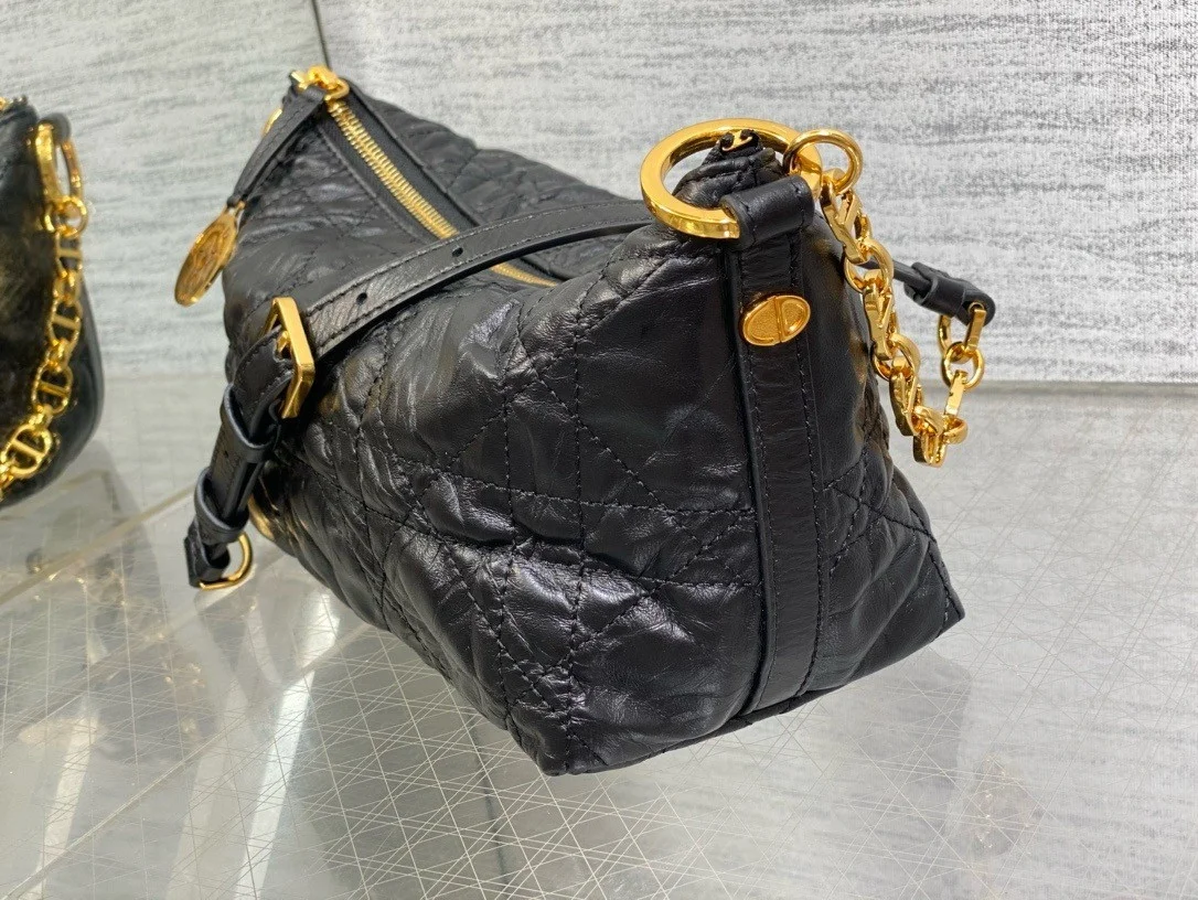 Dior Diorstar Hobo Bag with Chain in Black Crinkled Calfskin product view 2