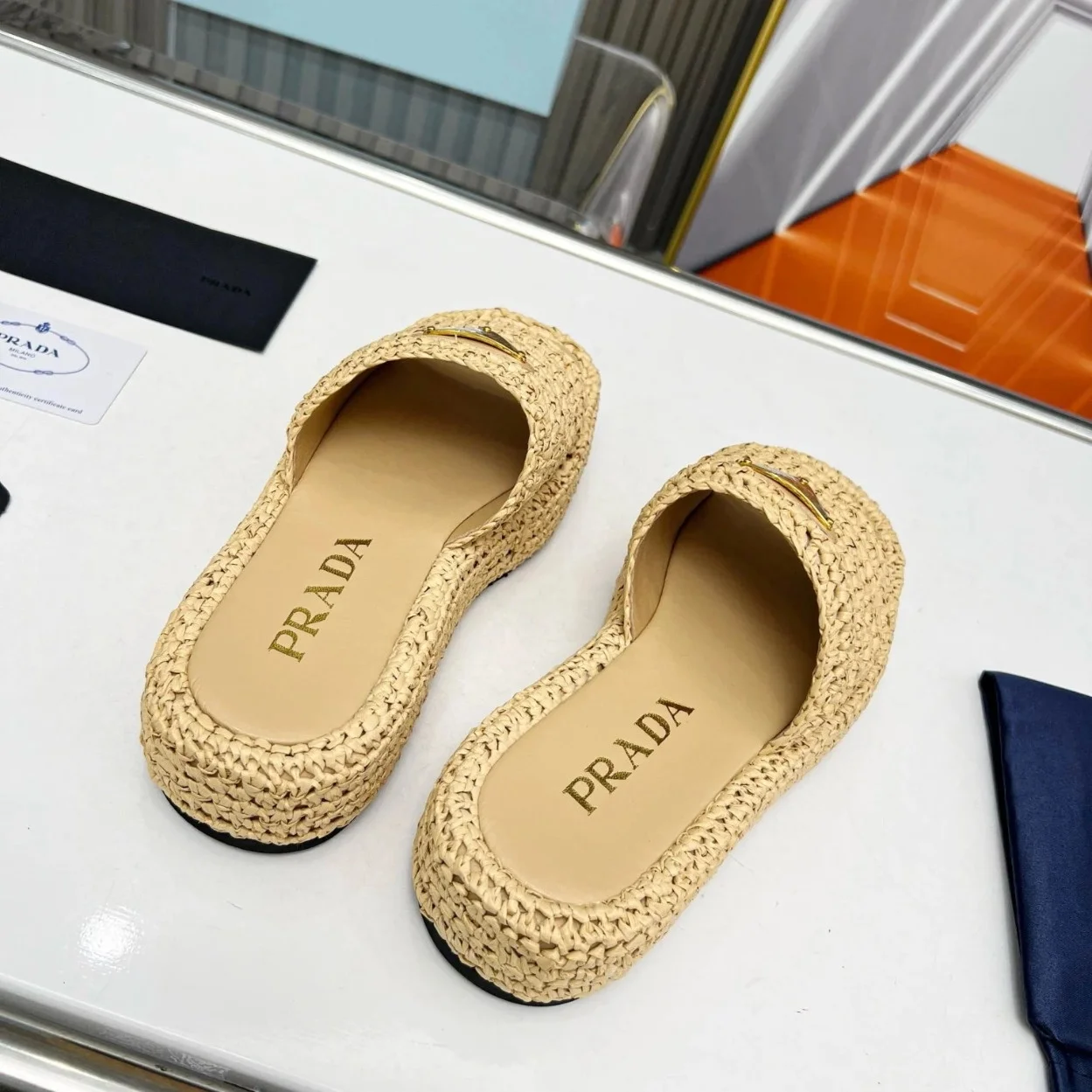 Prada Crochet Flatform Slides in Beige Raffia-effect Yarn product view 2