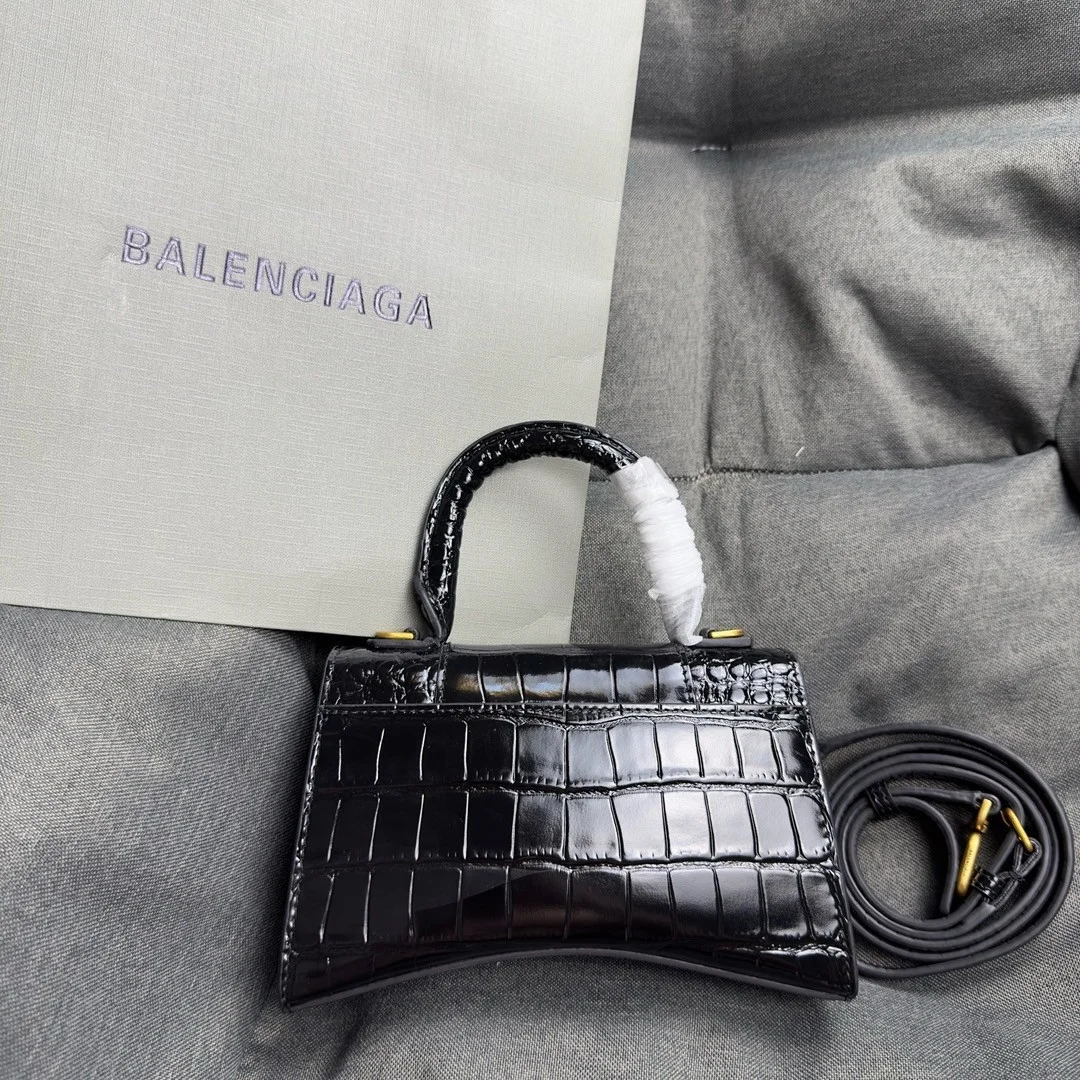 Balenciaga Hourglass XS Bag in Black Croc-Embossed Calfskin product view 9