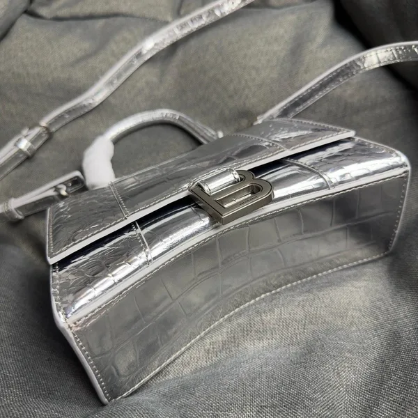 Balenciaga Hourglass XS Bag in Silver Croc-Embossed Calfskin product view 6