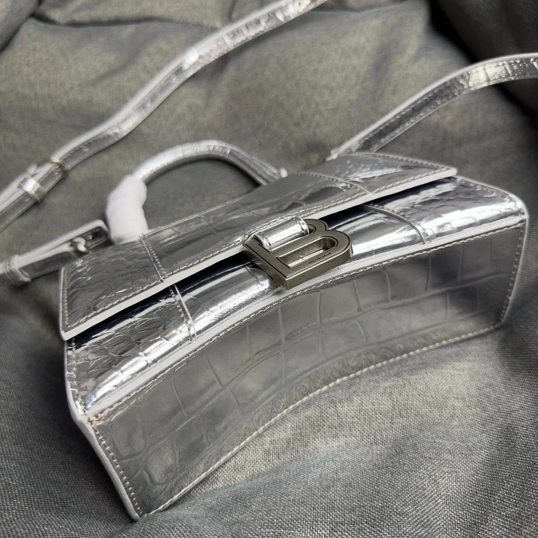 Balenciaga Hourglass XS Bag in Silver Croc-Embossed Calfskin product view 6