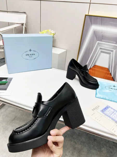 Prada Chocolate High-heeled Loafers In Black Brushed Leather product view 8