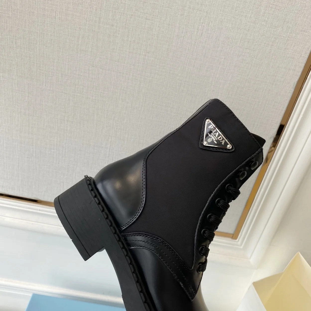 Prada Ankle Boots in Black Brushed Leather and Re-Nylon product view 7