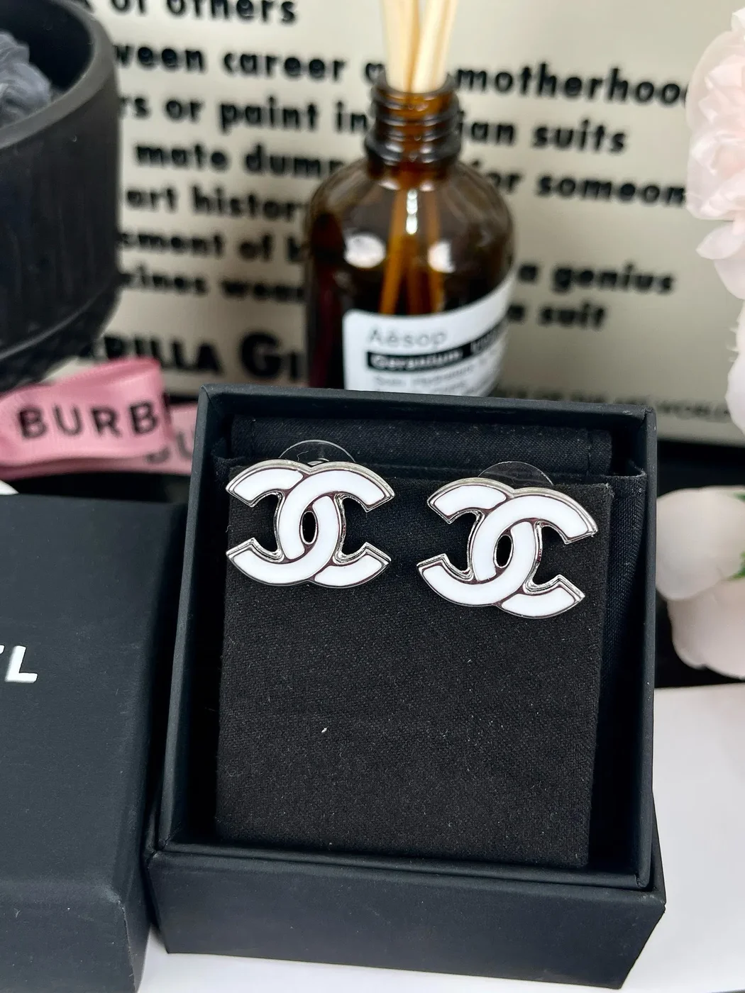 Chanel White Enamel CC Stud Earrings White and Silver-Tone product view 1