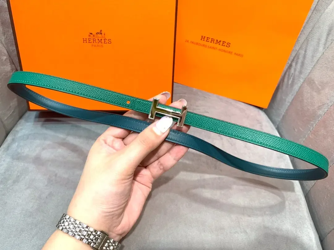 Hermès Green/Black Reversible Belt with Silver-Tone Slim H Buckle product view 4