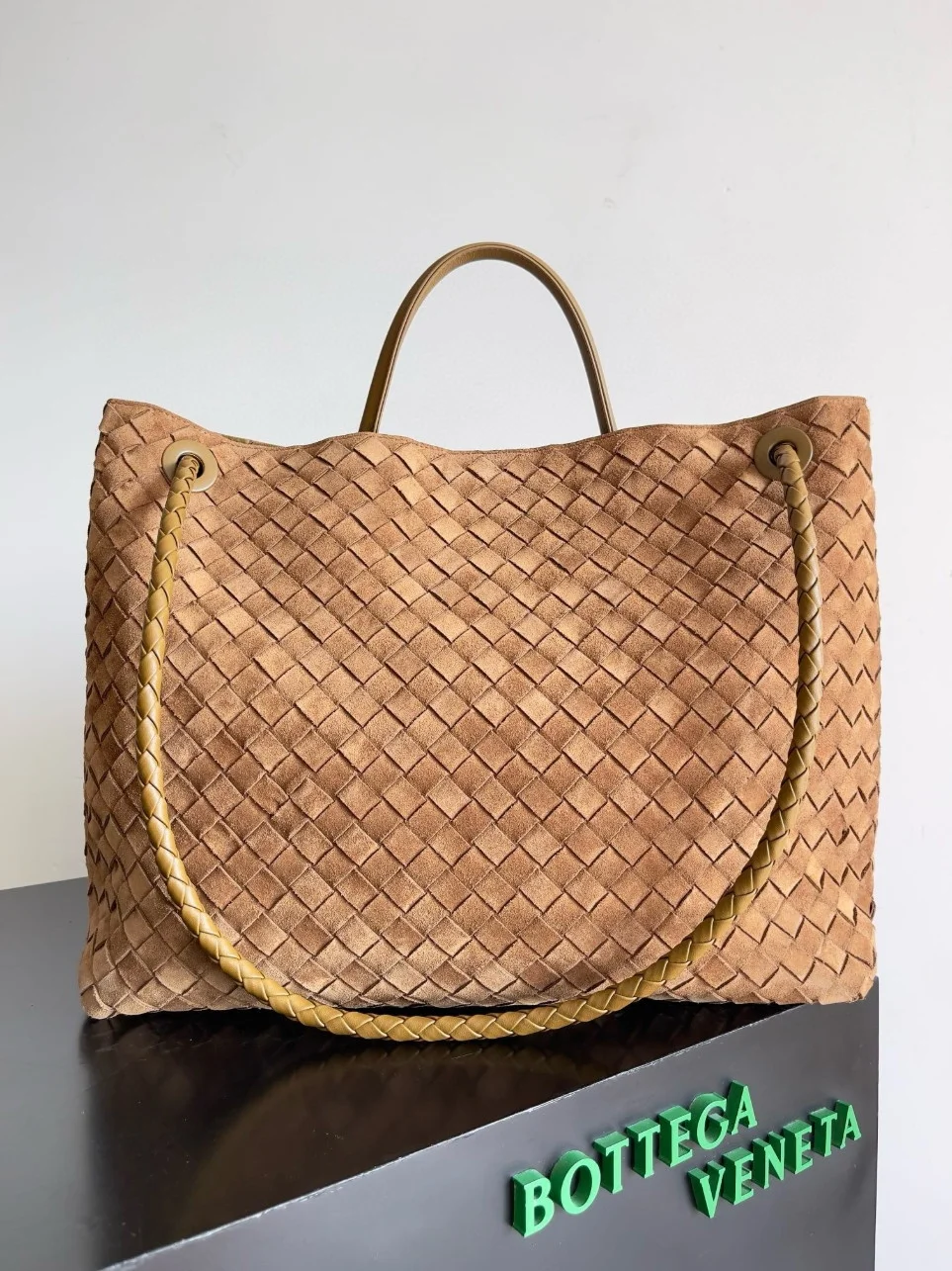 Bottega Veneta Andiamo Large Bag in Brown Suede Intrecciato Leather product view 10