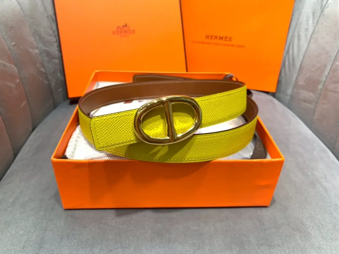 Hermès Yellow/Brown Reversible Belt with Gold-Tone Oval Buckle product view 2