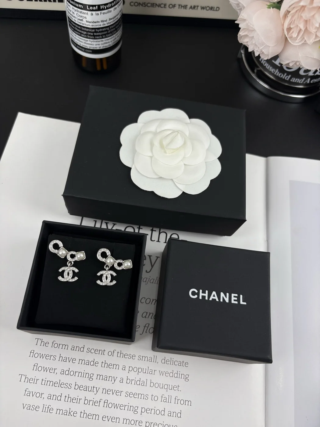 Chanel Pearl-Effect Pavé Coco Drop Earrings Silver-Tone product view 4