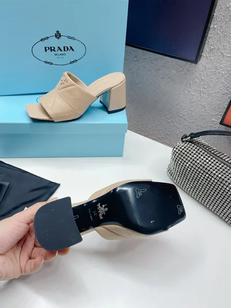Prada Heeled Slide Sandals 65mm In Beige Nappa Leather product view 8