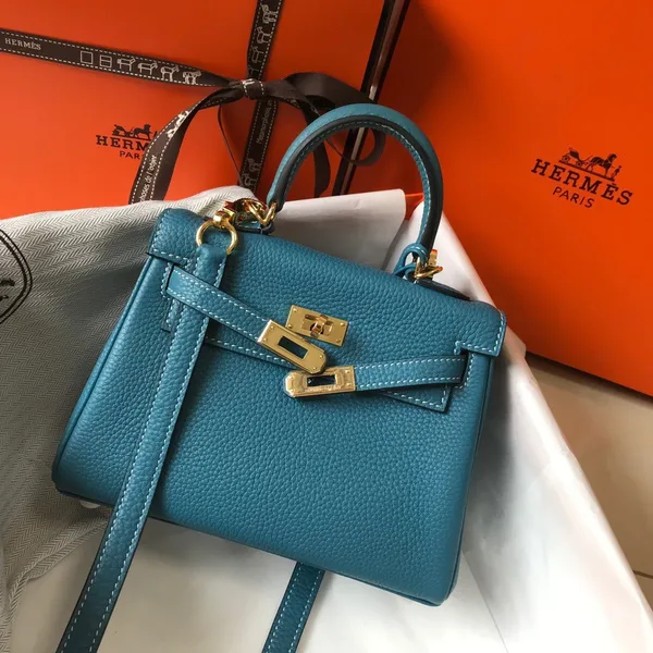 Hermes Kelly 20cm Bag In Blue Jean Clemence Leather GHW product view 3