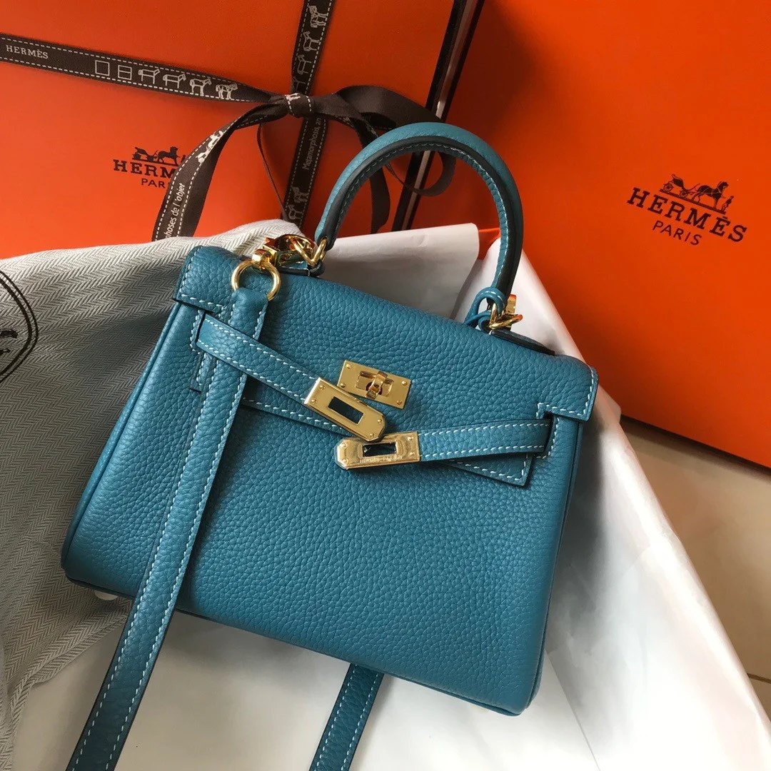 Hermes Kelly 20cm Bag In Blue Jean Clemence Leather GHW product view 3