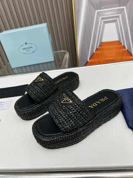 Prada Crochet Flatform Slides in Black Raffia-effect Yarn product view 6