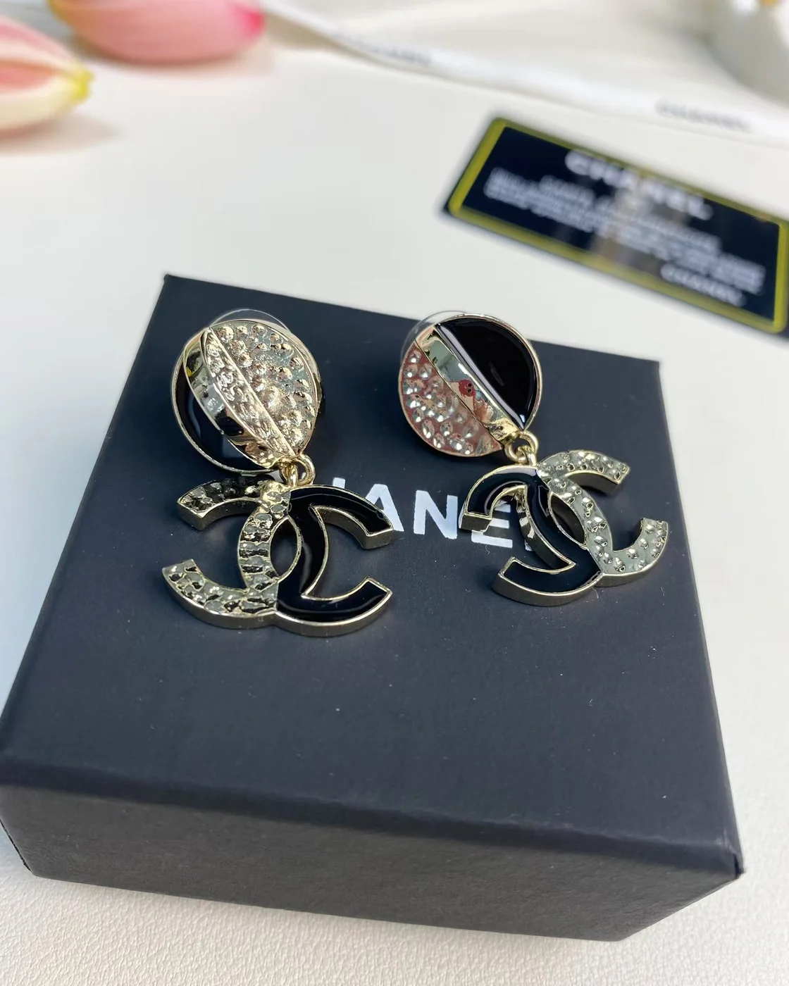 Chanel Black Enamel Pavé CC Drop Earrings Black and Gold-Tone product view 2