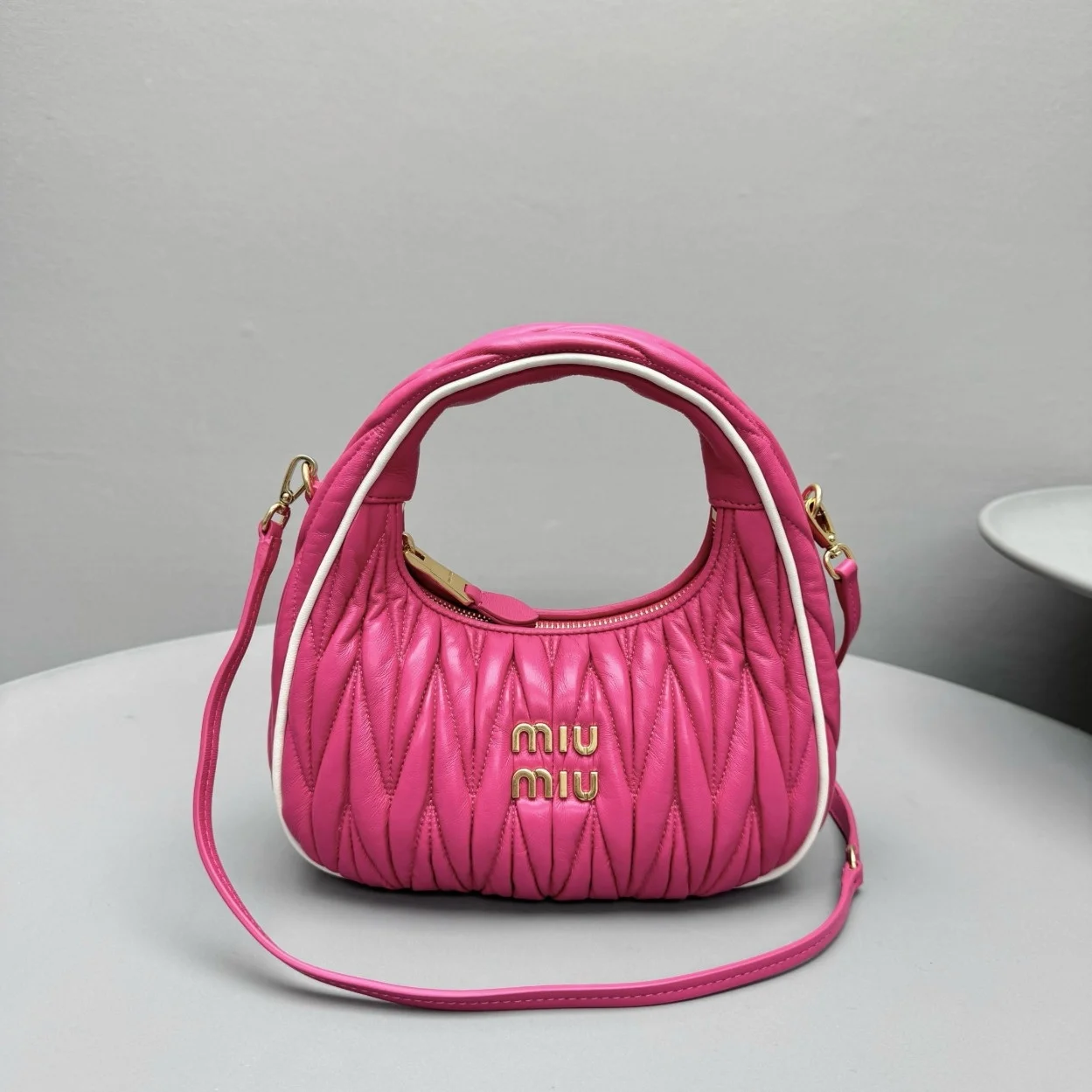 Miu Miu Wander Hobo Bag in Fuchsia Matelasse Nappa Leather product view 5